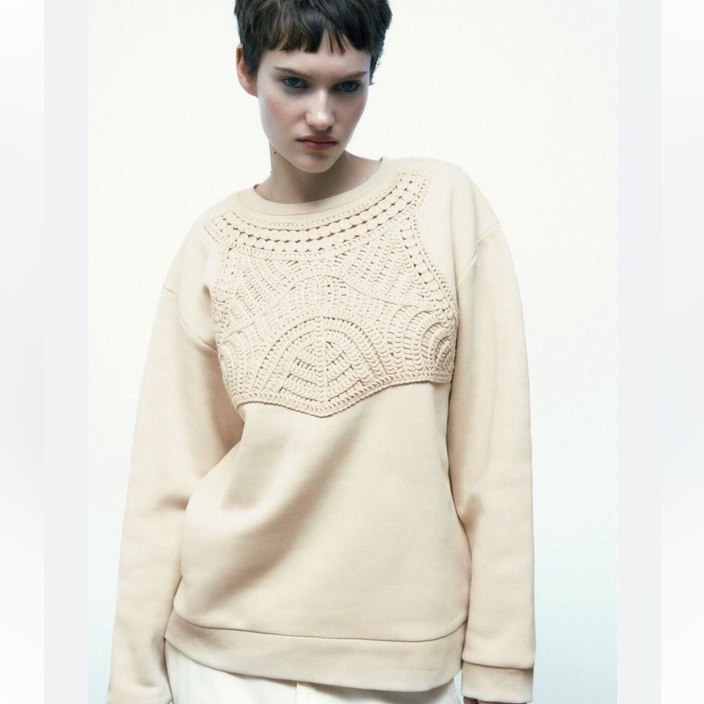 Zara Xx crochet boho hippie woven art to wear wide neck pullover sweatshirt Sz M